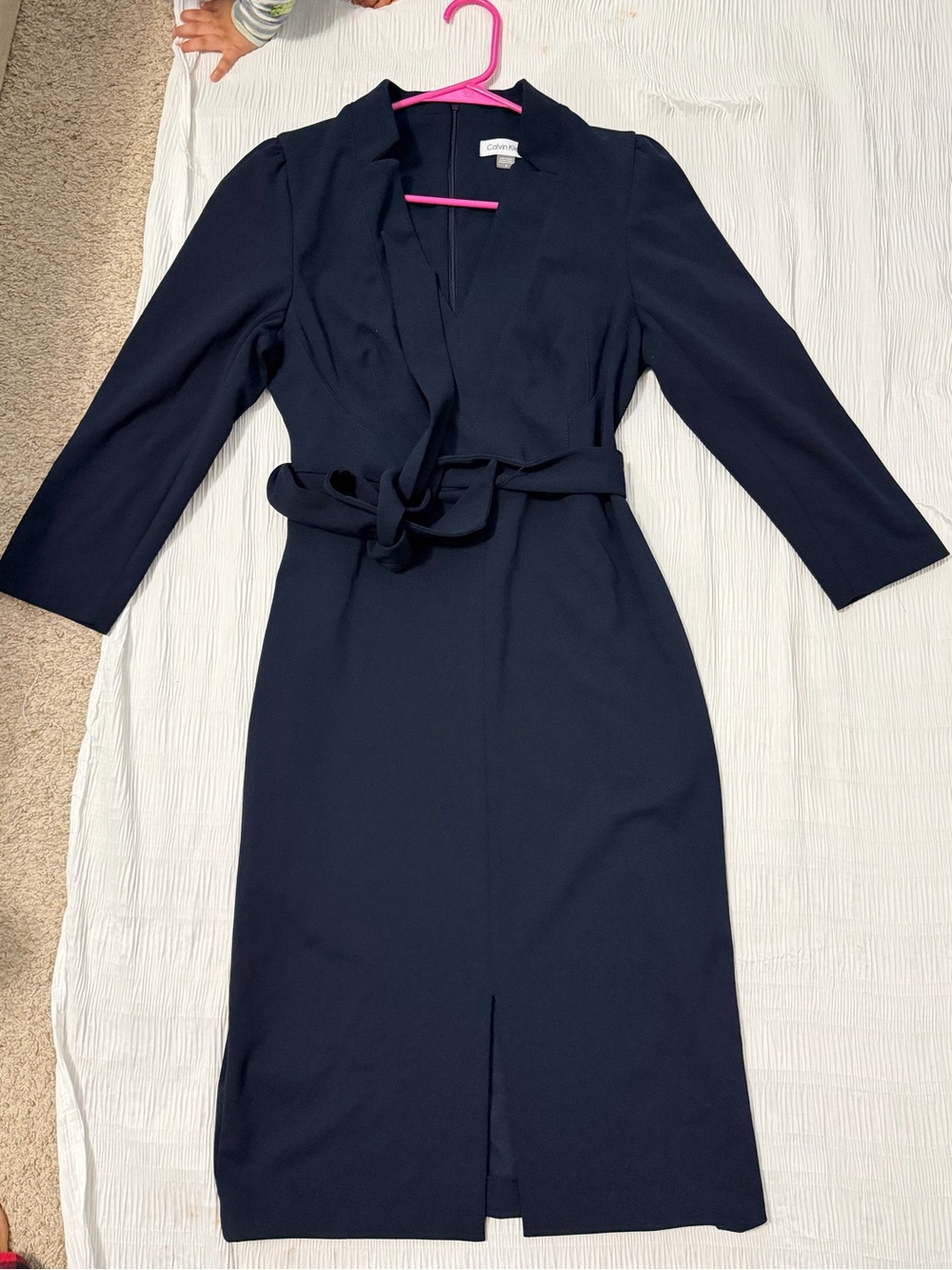 Calvin Klein Navy Long-Sleeve Belted Midi Dress